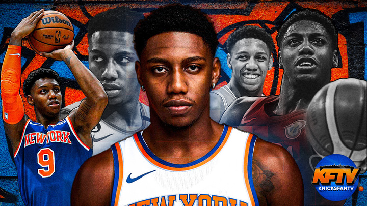 A graphic of RJ Barrett in Knicks and Canada uniforms