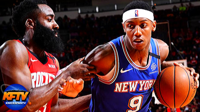 RJ Barrett driving on James Harden