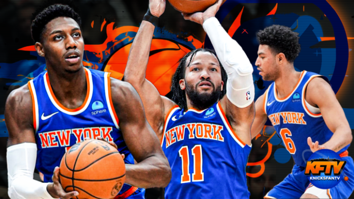 New York Knicks' Jalen Brunson, RJ Barrett, and Quentin Grimes