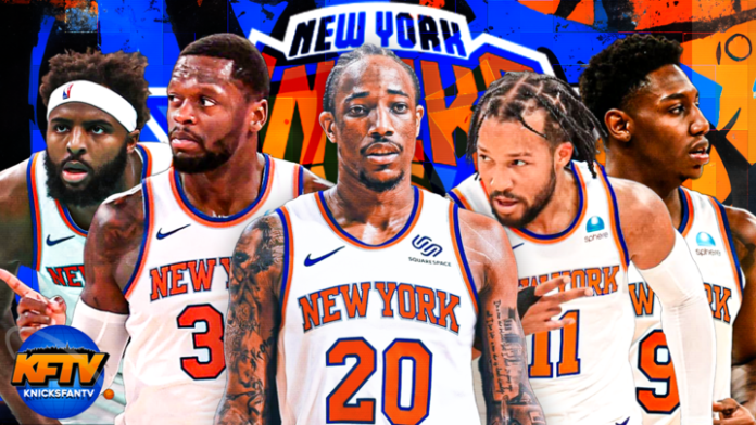 DeMar DeRozan in a Knicks jersey with Brunson, Randle, Barrett, and Robinson