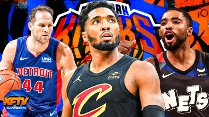 Bojan Bogdanovic, Donovan Mitchell, and Mikal Bridges